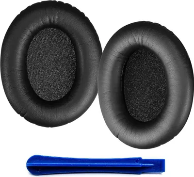 Two black ear pads and a blue plastic tool on a white background.