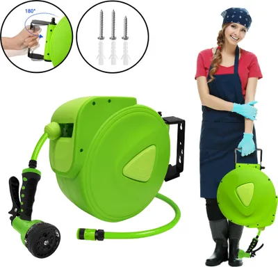 Produktbild von XINZI Schlauchtrommel Wasser automatische Wand-Schlauchbox mit Wandhalterung, Handbrause und Anschlüssen, 180° Schwenkbar für Gießen Autowaschen (30m)