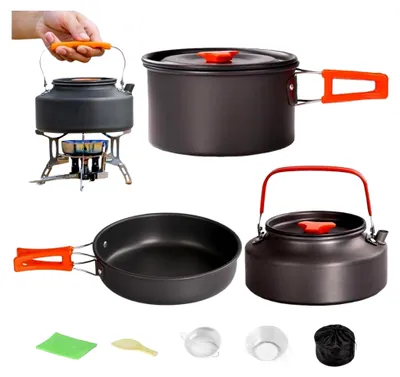 Produktbild von Camping Kochgeschirr Set, 3-teiliges Reise Kochgeschirr, 6,69x6,69x3,74 Zoll, beschichteter tragbarer Topf & langlebige Konstruktion, Pfanne und Kessel für Outdoor, Camping, Picknick, Tailgating, Wohnheime, Survival