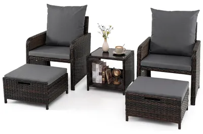 Produktbild von COSTWAY 5-tlg. Balkonmöbel Set, Terrassenmöbel für 2 Personen, Polyrattan Gartenmöbel mit 2 Stühle, Kissen, Hocker&Tisch, Balkonset, Sitzgruppe Grau