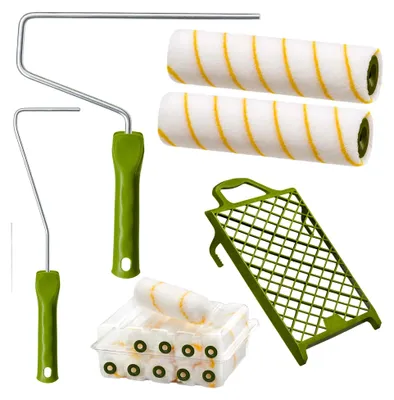 Produktbild von Profi Maler Set | 15-teiliges Renovierset für Wandfarbe, Fassadenfarbe, Latexfarbe | Malerwalze 25 cm | Abstreifgitter 27 x 29 cm | Farbrolle 10 cm | Malerrolle Aufsteckbügel
