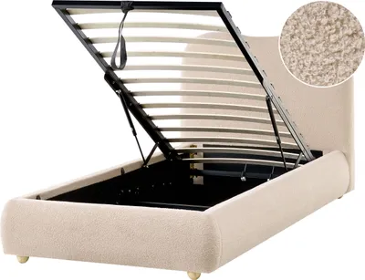 Zdjęcie produktu dla BELIANI Łóżko z pojemnikiem beżowe boucle 90 x 200 cm z zagłówkiem minimalistyczny design funkcja przechowywania
