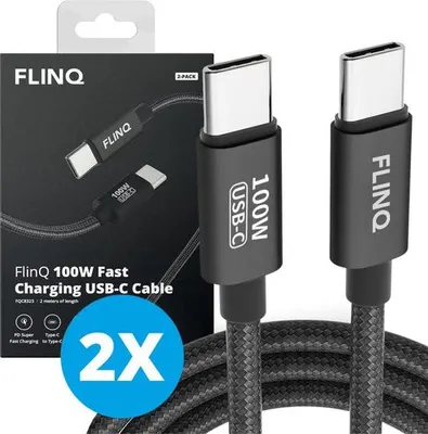 Produktbild von FlinQ – 2x USB-C zu USB-C Kabel 100W – Schnellladung & Datenübertragung – 2 m Nylon Ladekabel für Smartphone & Tablet