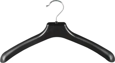 A black plastic hanger against a white background.