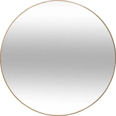 A round mirror with a gold frame against a white background.