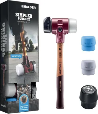 Image de SIMPLEX-Plusbox Starterkit, marteau de protection SIMPLEX D60, composition de caoutchouc avec pied / superplastique ainsi qu'un insert de frappe TPE-soft et TPE-mid plus un ouvre-bouteille | 3027s026