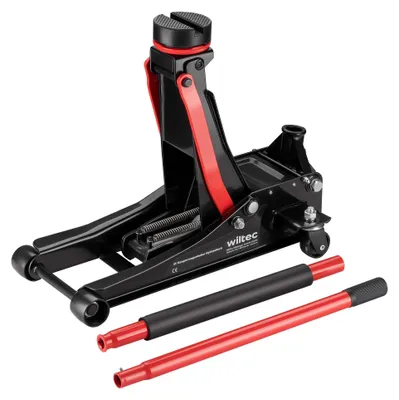 Immagine prodotto di Cric idraulico Wiltec da 3 t, altezza di sollevamento 85-500 mm, cric mobile, cric per auto con doppio pistone e quattro rulli