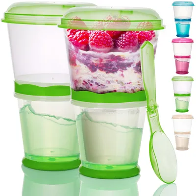 Produktbild von Müsli to Go Becher Set (2 Stück) in Grün mit Löffel & isoliertem Kühlfach - Idealer Joghurtbecher für Unterwegs, Schule & Büro, 330ml