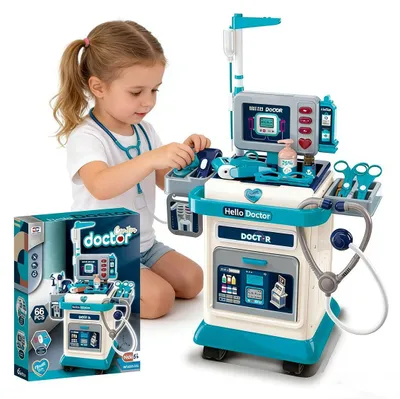 Image de Mallette de médecin pour enfants, chariot de médecin, mallette de docteur pour enfants, mallette de médecin avec stéthoscope, jouet à partir de 3 ans, cadeaux pour filles de 3 ans, chariot médical pour enfants (bleu)