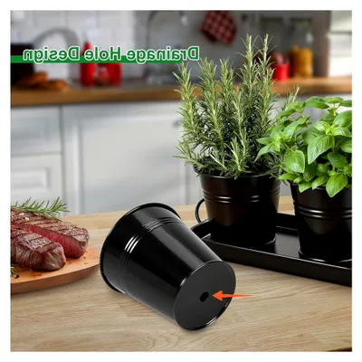 Produktbild von Kräutergarten Set für Innen – 6 Metalltöpfe mit 2 Tabletts für Fensterbank und Küche – Pflanzgefäße für Kräuter, Sukkulenten und kleine Zimmerpflanzen (Schwarz)