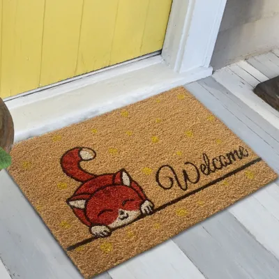 Imagen del producto de Alfombrilla para zapatos moderna con diseño de coco, motivos de gatos coloridos, color amarillo y naranja. Tamaño: 60 x 90 cm