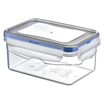 A clear, studio shot of a rectangular food storage container with a blue lid and clear body, set against a white background.