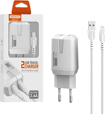 Immagine prodotto di Caricatore da rete 2,4A + cavo IPHONE BIANCO SOMOSTEL 2400mA 2XUSB DUAL SMS-A139