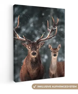 Produktbild von MuchoWow® - Leinwandbilder - Hirsche - Tiere - Winter - Geweih - Schnee - Natur, Wandbild, Wanddeko Bilder Wohnzimmer, 30x40 cm
