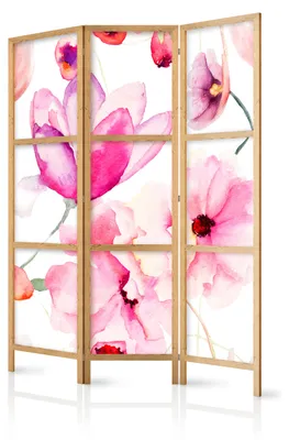 Immagine prodotto di Pannello divisorio giapponese, 3 ante, pieghevole, realizzato in tessuto non tessuto di alta qualità, motivo acquerello con fiori, ideale per il soggiorno, dimensioni 135 cm x 172 cm