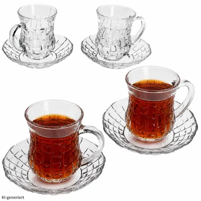 Immagine prodotto di Set di 4 tazze da tè Chai con manico e piattino in vetro per tè turco