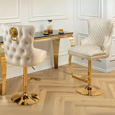 Produktbild von Edler höhenverstellbarer Barstuhl LEON Samt beige Edelstahl Löwenkopf