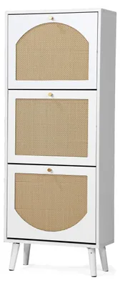 Produktbild von Schuhschrank Schmal, Schuhregal mit 3 Klappen, Schuhkipper mit Verstellbar, Schuhaufbewahrung Holz, Schuhablage Schuhkommode, Geflochtene Rattan-Schubladenfront, 54x24x135cm (Weiß)