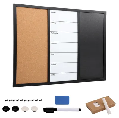Produktbild von Kurtzy 3-In-1 Pinnwand Kombi-Tafel magnetisch - Tafel aus Kork Whiteboard und Kreidetafel - 70 x 50cm - Magnetisches Memoboard - trocken abwischbare