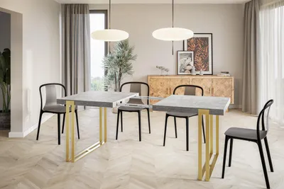 Image de Table de salle à manger, rectangulaire, extensible, dimensions : 140-240 x 80 x 77 cm, table de salon, couleur : gris clair, avec pieds en métal de couleur or