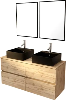 Image de Meuble Salle de Bains 120cm 4 Tiroirs Chêne Naturel, 2 Vasques Noires 41x41x15cm, 2 Miroirs 55x75cm