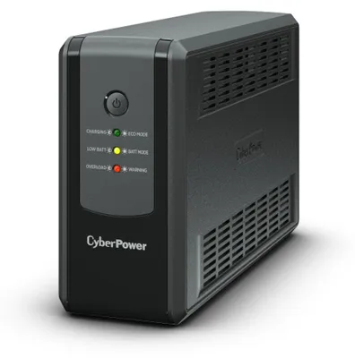 A black CyberPower uninterruptible power supply (UPS) unit shown from a 3/4 front angle on a light gray background.