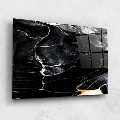 Productafbeelding van Glazen Schilderij - Wanddecoratie Glas - Interieur Verfraaien - 5mm Gehard Glas - 50x70 cm - Abstract Goud Zwart