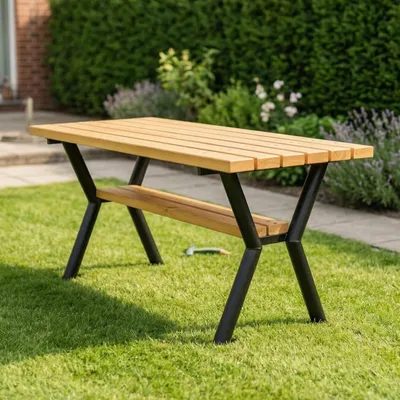 Image de REKORD Gladiator TekTable de jardin  170 x 65 x 74 cm Table de parc résistante aux intempéries en acier et bois Table de terrasse