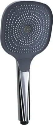 A hand shower head with a chrome handle against a white background.