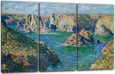 Produktbild von Leinwandbild 3-teilig (120x80cm): Claude Monet - Der Felsen von Guibel, echter Holz-Keilrahmen inkl. Aufhänger, handgefertigt in Deutschland