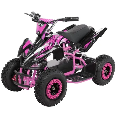 A pink and black electric quad bike for children, shown against a white background.