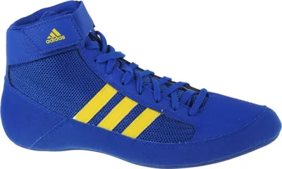 A single blue and yellow Adidas wrestling shoe is shown from the side against a white background.