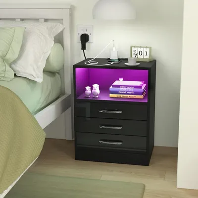Produktbild von Nachttisch mit LED & Ladefunktion,Beistelltisch mit 3 Schublade,Hochglanz Nachttisch Nachtkommode Sofatisch für Schlafzimmer 50x30x63cm Schwarz