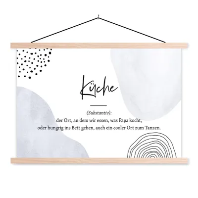 Produktbild von MuchoWow® Textilposter Sprichwörter - Küche - Wörterbuch - Zitate - Definition Küche 120x80 cm mit holzfarbenen Rahmen - Aufhängeset