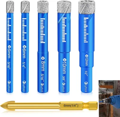 Produktbild von Diamantbohrer Set 5-12mm, Fliesenbohrer Glasbohrer Für Keramik Granit Glas Porzellan, 5 Tlg Profi Bohrerset Für Harte Fliesen Und Feinsteinzeug