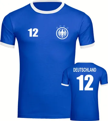 Produktbild von multifanshop Kontrast T-Shirt - Deutschland - Adler Retro Trikot 12, blau/weiß, Größe XXL