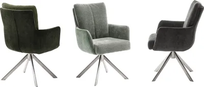 Three views of a modern armchair with a swivel base.