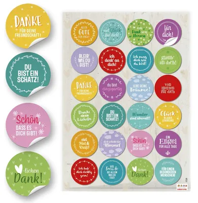 Produktbild von 24 kleine runde bunte farbige SPRÜCHE Aufkleber 4 cm Sticker Liebe Freundschaft Lieblingsmensch Herzensmensch Glück Motivation Geschenkaufkleber Etiketten Verpackung Geschenke blau rot gelb türkis grün pink rosa.24 Aufkleber / 1 Bogen
