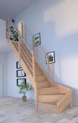 Produktbild von Holztreppe Rhodos in 1/4 gewendelter Ausführung links-Eiche-Holz-Edelstahl Geländer-beidseitig-mit Setzstufen