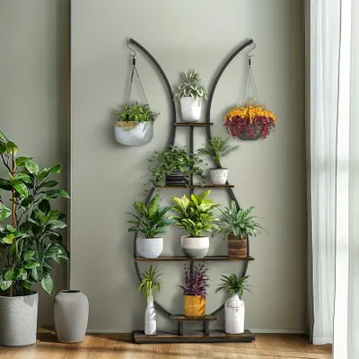 Image de Support pour plantes – Étagère haute en forme de vase, avec 5 niveaux, structure métallique et crochets, pour intérieur