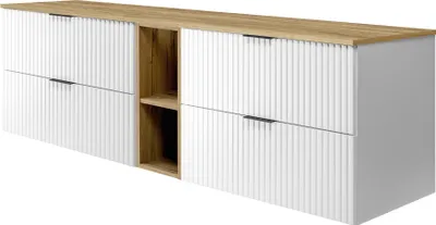 A long, white cabinet with a wood-effect top and open shelving.