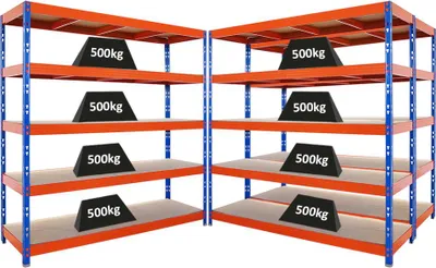 Produktbild von Mega Deal | 3x Profi Schwerlastregal Rhino | HxBxT 200x200x60cm | 5 Spanplatten-Ebenen 8mm | Fachlast 500kg | Blau/Orange