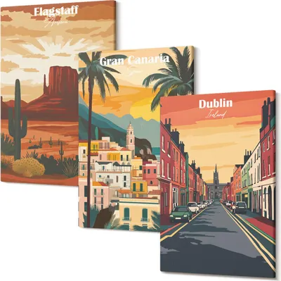 Produktbild von Leinwandbild – Wandbild – Leinwandbilder – Kunstdruck – Polycanvas – Modern – Mehrteilig – 3-Teilig Set – Hochwertig – Geruchslos – Lichtecht – Fertig Aufgespannt – 20x30 Cm Je Teil - Stadt- und Naturlandschaften in warmen Farben