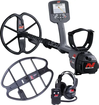 A metal detector and its accessories are displayed against a white background.