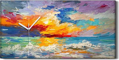 Produktbild von Wandbild Leinwand Bilder Wanduhr 60x30 Malerei Meeres bunte Sonnenuntergang - weiße Hände