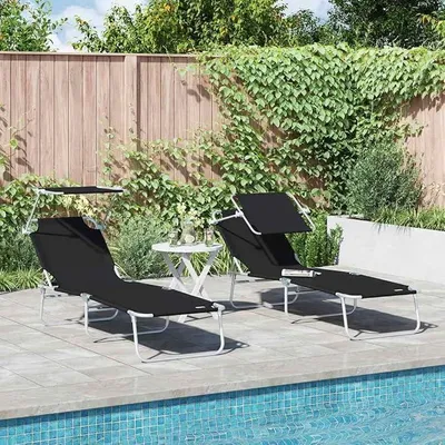 Image de Ensemble de 2 chaises longues pour jardin, couleur noire, dimensions 58 x 188 x 77 cm. Revêtement en polyester, dossier réglable, pliables, idéales pour balcon, terrasse, piscine, pour se détendre en extérieur