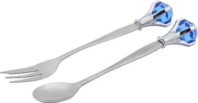 Produktbild von 2-teiliges Set aus Edelstahl-Obst- und Dessertlöffel + Gabel mit rautenförmiger Verzierung (Dunkelblau)