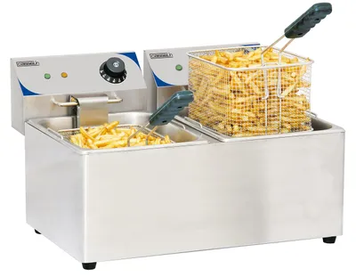 Elektrische Friteuse 2 x 8 L, Edelstahl, 2 Körbe, 6500 W