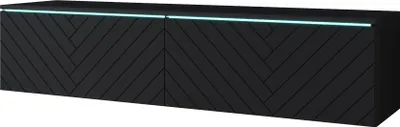 A black TV lowboard with a herringbone pattern and a light blue LED strip on top.