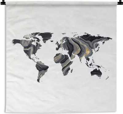 Produktbild von MuchoWow® Wandteppich Wandbehang Weltkarte - Gold - Schwarz und weiß 150x150 cm Tapisserie Dekoration Wandtuch - Wohnaccessoires - Modernes